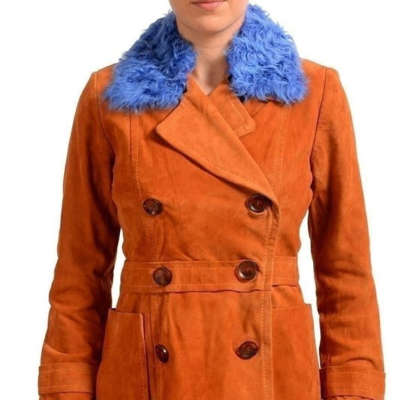 Just Cavalli Women's Suede Coat With Detachable Kalgan Fur Collar US S IT 40